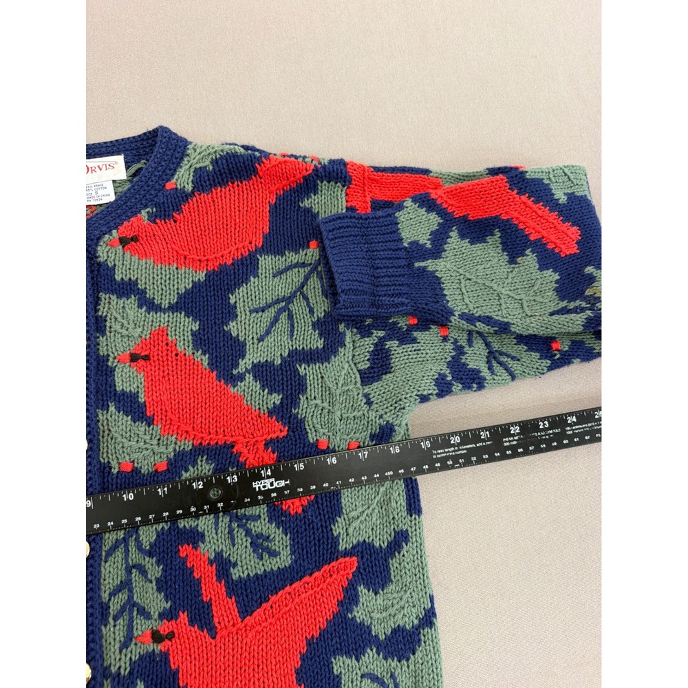 Orvis Vintage Cardinal Bird Holly Knit Cardigan Sweater Navy Blue Red Small - Picture 5 of 7